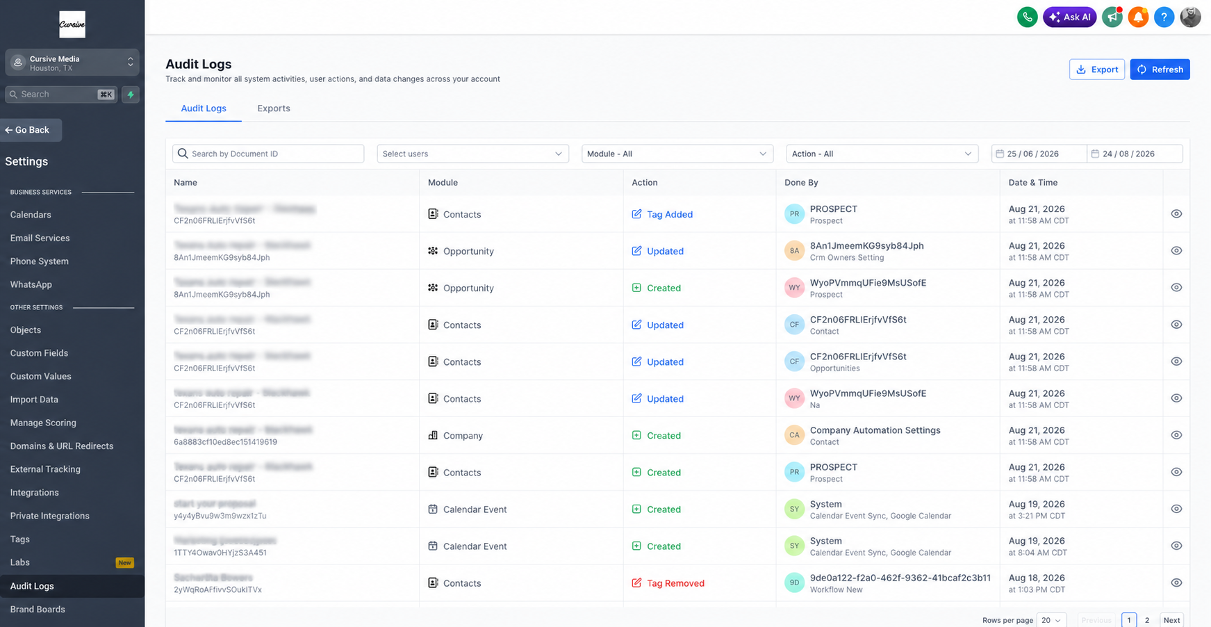 GoHighLevel's Audit Logs screen listing contact, opportunity, and calendar-event changes, each with module, action, who made it, and a timestamp, filtered across a two-month window.