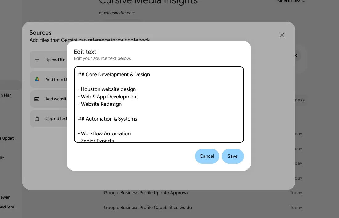An “Edit text” box over the Sources dialog showing stored source text: a “Core Development & Design” heading with Houston website design, Web & App Development, and Website Redesign, then an “Automation & Systems” heading with Workflow Automation and Zapier Experts, with Cancel and Save buttons