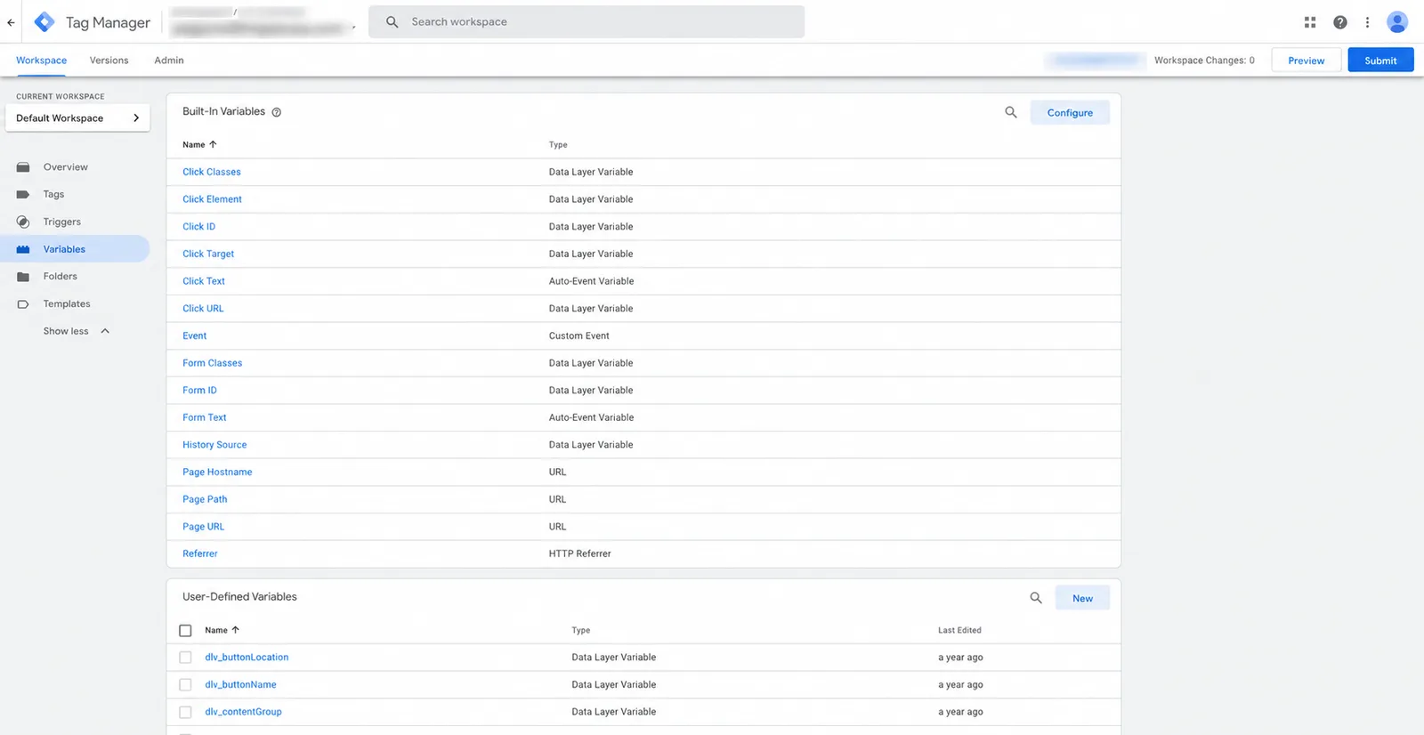 Google Tag Manager variables workspace listing built-in click and form variables and user-defined data-layer variables